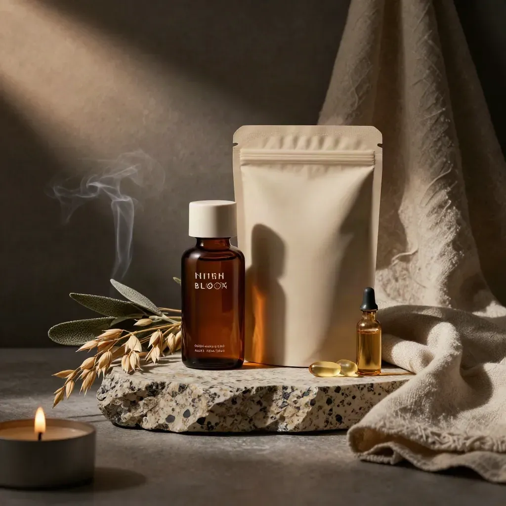 CBD night bundle with tincture, gummies, softgels, linen, and dried botanicals on stone
