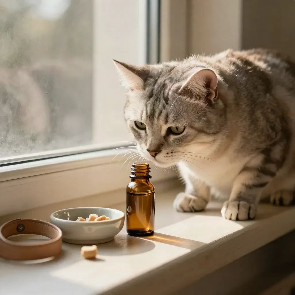 Cat sniffing a pet CBD bottle on a sunlit windowsill beside a treat dish and leash.