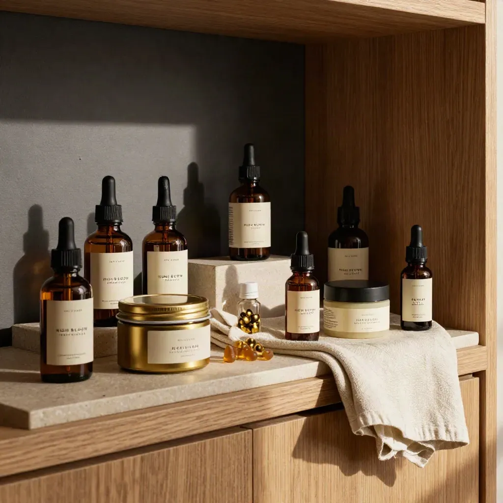 CBD tinctures, gummies, capsules, and balm arranged on a cozy home shelf in late-afternoon light