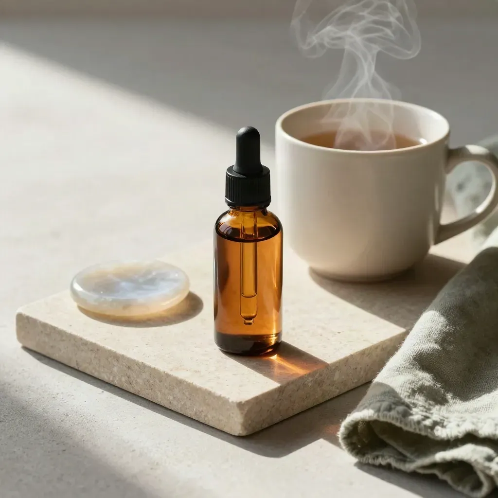 Amber CBD bottle, steaming mug, moonstone coaster, and linen strip on a stone tray.
